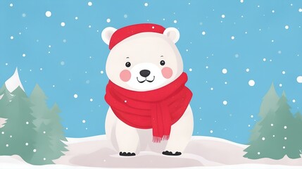 雪の背景にスカーフを身に着けているホッキョクグマ｜Polar bear wearing a scarf on a snowy background. Generative AI