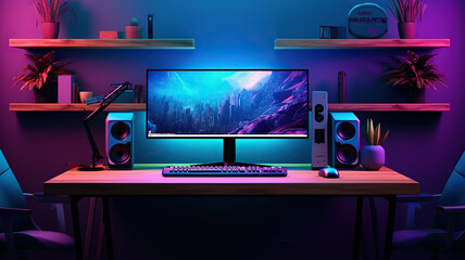 A gaming workstation desk with a desktop computer