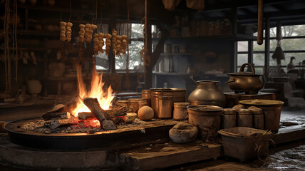 A classic Japanese sunken hearth employed for warmth and culinary purposes