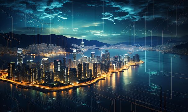 digital graphic electric energy thriving ecosystem city docks awe inspiring technologies connections