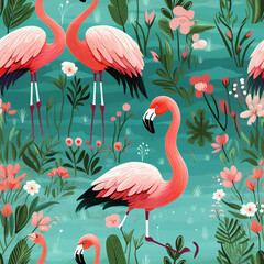Obraz premium flamingos in a fiesta saturated pinks and greens seamless, pattern, texture, background