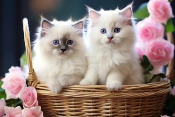 White British blue point kittens in the basket on the blue background