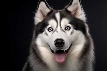 Generative AI : Cute little Alaskan Malamute dog on blue background in studio