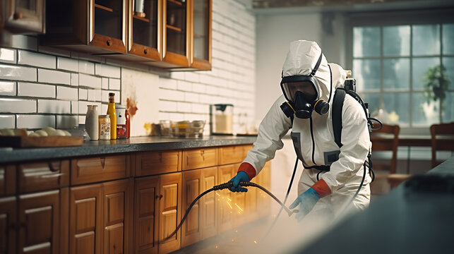 Pest control service guy in mask and white protective suit spraying poisonous gas or liquid on floors and cupboards in kitchen interior. Generative AI