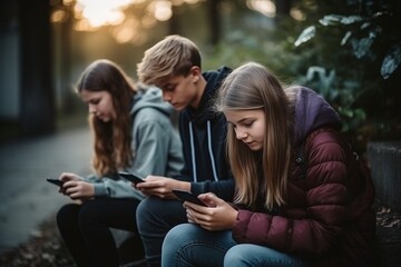 Generative AI : Teenage friends spending time together using smartphones outdoors - obrazy, fototapety, plakaty