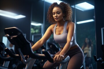 Fototapeta na wymiar Generative AI : Woman doing cardio on exercise bike for health and wellbeing