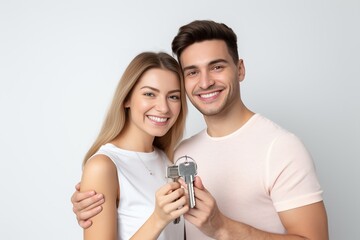 Generative AI : Homeowners. Happy young caucasian couple spouses wife and husband holding car house flat appartment keys, celebrating new purchase buying real estate isolated in white background. Mort