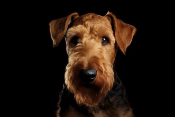 Generative AI : Cute little Airedale Terrier dog on blue background in studio