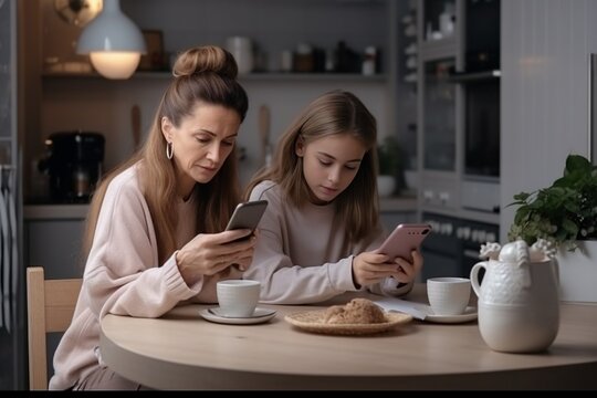 Generative AI : Positive adult woman with teen daughter engrossed in phones sitting at table in cozy home kitchen. Concept of family phubbing and digital distractions..