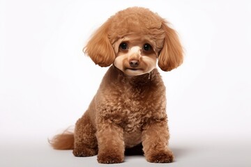 Generative AI : Cute little Poodle dog on blue background in studio