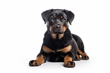 Generative AI : Cute little Rottweiler dog on blue background in studio