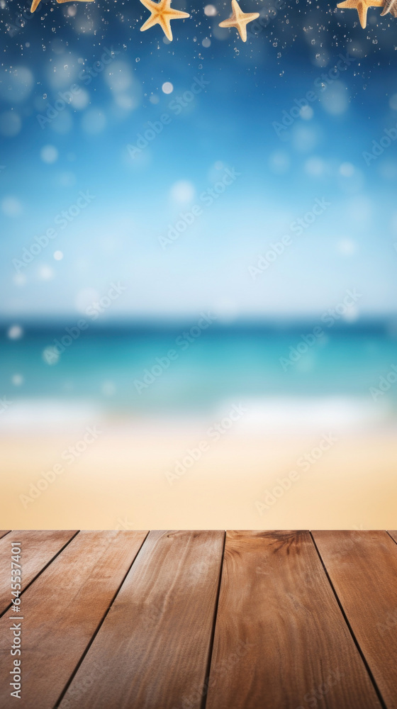 Poster empty wooden table top with bokeh on blur beach background