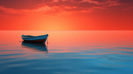 Peaceful landscape with boat and river at sunset