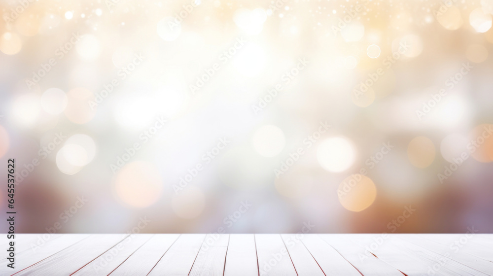 Poster empty white table blurred on soft light gently bokeh background