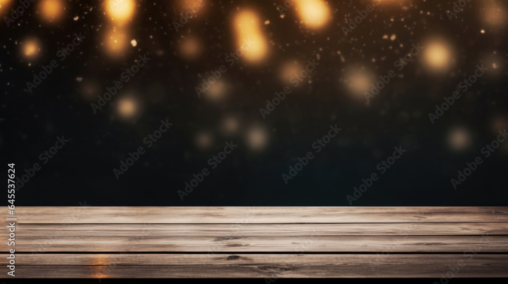 Poster empty black table on blurred gently bokeh background