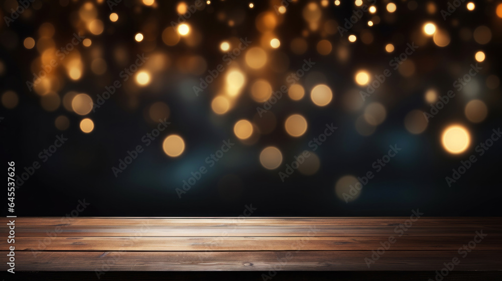 Poster empty black table on blurred gently bokeh background