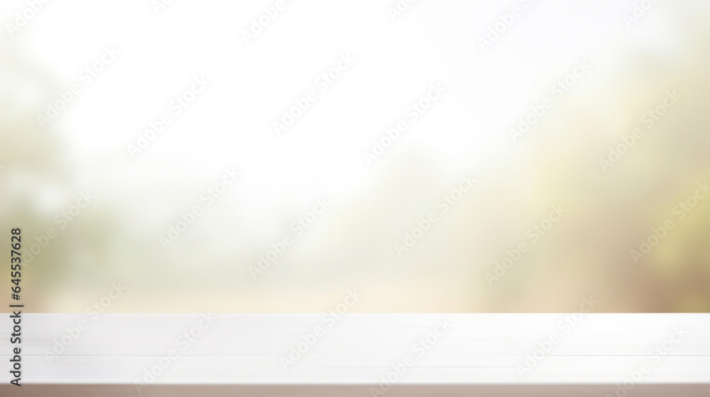 Poster empty white table blurred on soft light gently bokeh background