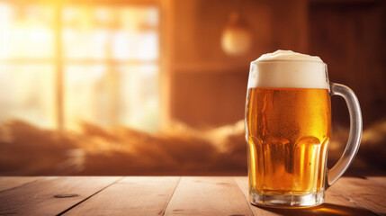 Beer mug on a wooden table blur sunny background