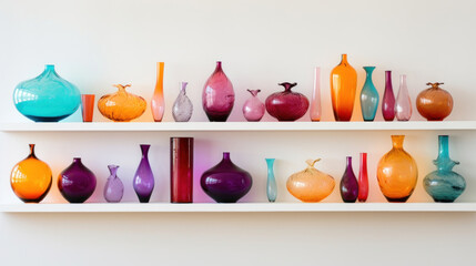 Multicolored glass vases displayed on a shelf at a store white walls