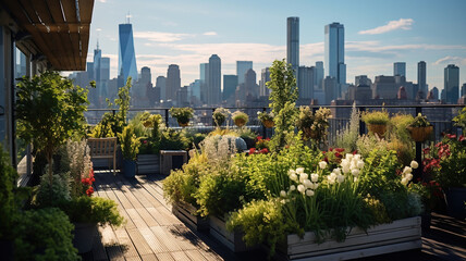rooftop gardens with a stunning city skyline as the backdrop - obrazy, fototapety, plakaty
