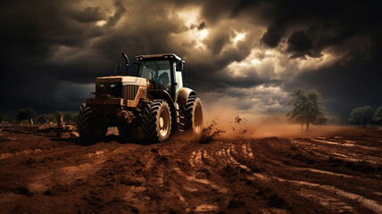 A tractor set against the backdrop of a farm field with a dramatic sky