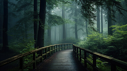 the forest walkway on a misty morning, creating a mystical atmosphere