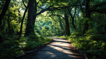 Obraz premium the forest walkway beneath a lush canopy of trees