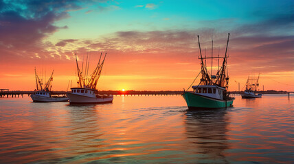 Fototapeta premium fishing boats setting out to sea with the beautiful sunrise in the background