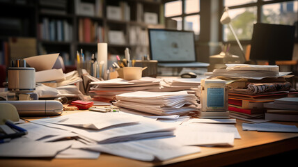 a cluttered desk piled with work tasks and documents