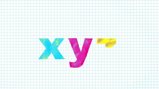 XYZ letters small forming cartoon animation CMY on grid. Hand drawn alphabet letters bold educational style for children exercise book crayon style. Crazy doodle motion little characters.
