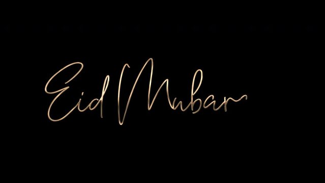 Eid Mubarak Animated: Animated text wish for Eid Mubarak with gold-colored ink drop animation. Celebrating Ramadan Kareem, Eid al-Fitr, and Eid al-Adha with the Muslim community
