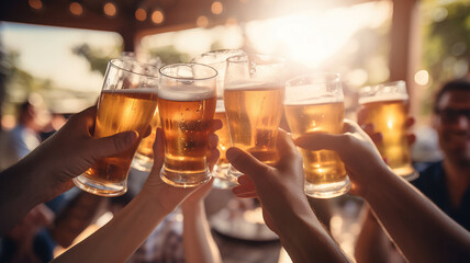 A group of hands raising their beer glasses for a toast