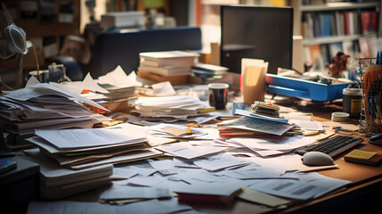 a cluttered desk piled with work tasks and documents
