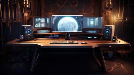 A desk designed for gaming workstations paired with a desktop computer