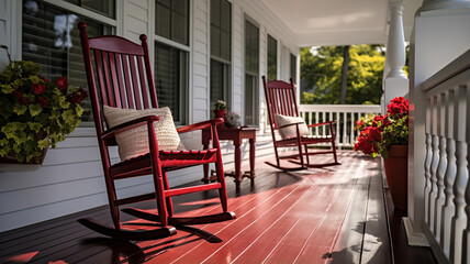 A welcoming front porch of an American home with rocking chairs