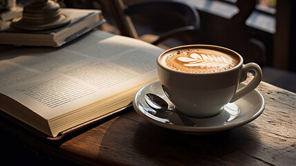 a cup of coffee or tea next to an open book on a table