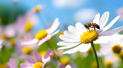 Natural background depicting daisy flower and bees on a sunny day