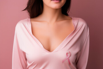 Pink October - Woman wearing pink blouse with bow in support of breast cancer prevention. International awareness movement for the early detection of breast cancer, Pink October - Generated by AI