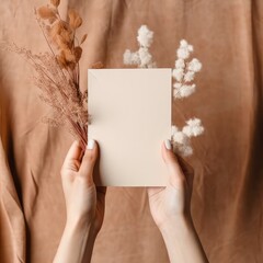 Woman's hand holding plain paper on a background of dry flowers and fabric