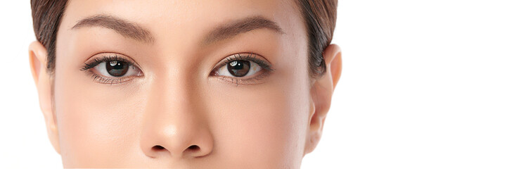 Close-up shot of beautiful Asian woman's eyes on white background.