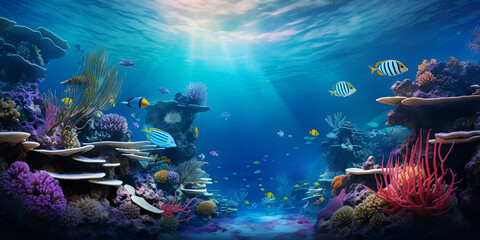 A colorful underwater scene with a fish and corals