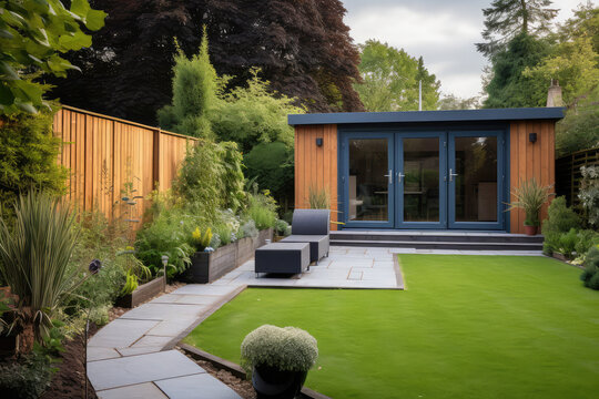view of a back garden with artificial grass, grey paving slab patio, summer house garden timber outbuilding, fish pond