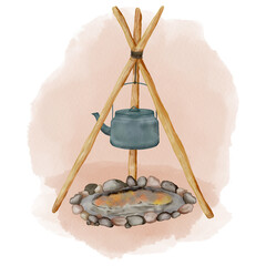 Watercolor Fire Camp with Kettle