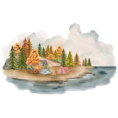 Watercolor Camping Ground Autumn Lake