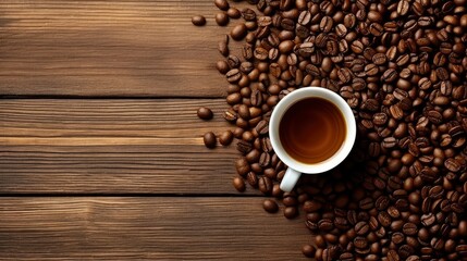 Naklejka premium Top view of coffee beans and coffee cup on wooden table