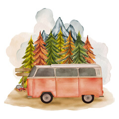 Watercolor Picnic Camp Van Car Adventure