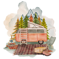 Watercolor Picnic Camp Van Car Adventure
