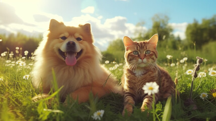 Naklejka na ściany i meble couple of friends a cat and a dog run merrily through a summer flowering meadow.