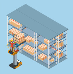 Using an order picker forklift, a warehouse employee driver loads cardboard boxes onto the shelves. Vector illustration eps10