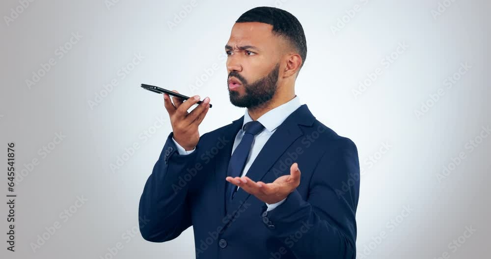 Poster professional, serious and man with phone on speaker for business networking, voice audio and talk in
